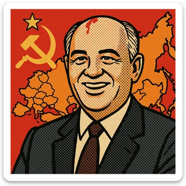 Soviet leader Mikhail Gorbachev with a smile on his face with a map of the Soviet Union and Eastern Europe in the background with the communist flag sticker