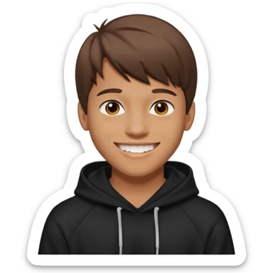 20 yr old man, brown hair, straight, big smile, white teeth, tanned skin, bangs, black hooded sweatshirt sticker