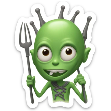 An alien with a pitchfork sticker