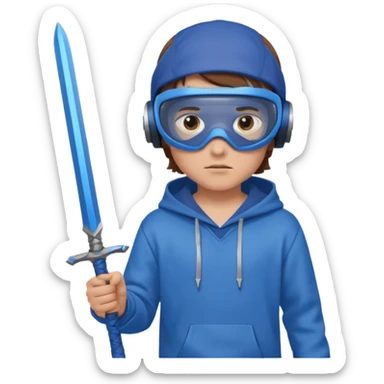 a boy with brown hair, a blue vr headset. a blue hoodie and a blue sword and show the hair sticker
