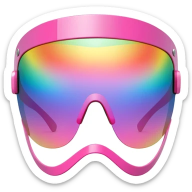 sporty pink shield visor sunglasses with extra thick frame with metallic accents, robust construction, substantial build, one-piece rainbow reflective lens sticker