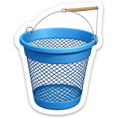 A small bucket with a fishing net leaning against it.
 sticker