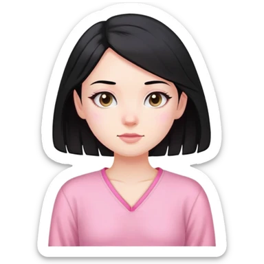 pale-skinned girl, shoulder-length black hair, pink loungewear sticker
