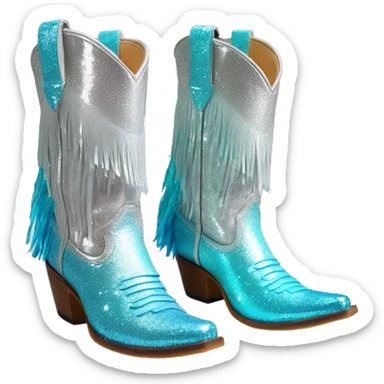Realistic silver and robins egg blue ombre pair of fashion cowgirl boots with sparkly shiny glitter fringe on them. sticker