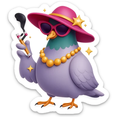 Make the pigeon more fabulous with a stylish hat, keep the cigarette, add vibrant and glamorous details in a 3D emoji style. sticker
