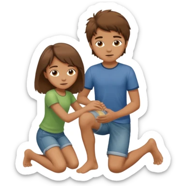 barefooted boy with messy brown hair yellow putting his foot on a kneeling girl sticker