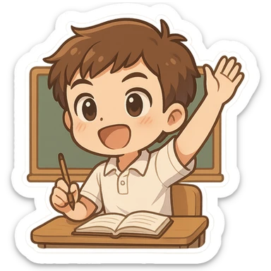 male student wearing a white polo shirt, actively participating in a school activity, energetic and engaged, classroom setting, chibi sticker style sticker