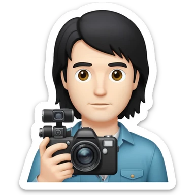 a white man with black mullet hair holding a foto camera sticker