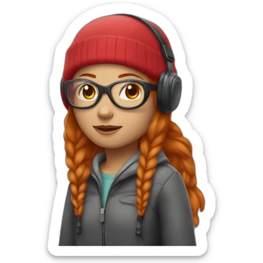 Girl with ginger hair wearing red beanie goggles and headphone sticker