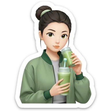 Japanese girl with sage green jacket drinking pre workout shake middle part slick back bun sticker