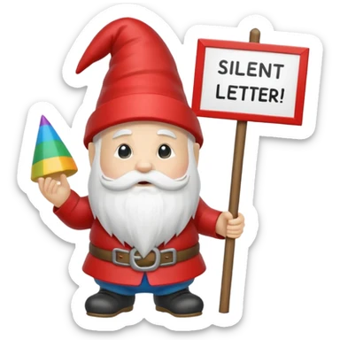 A zen rainbow garden gnome, holding a sign reading "Silent Letter Day, who's with me?” sticker