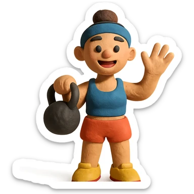 sport girl with kettlebell in one hand and waving hello with the other sticker
