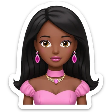 Darker skin Black barbie, long black  hair, pink dress sticker
