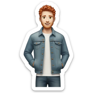white young man in jean jacket and white t-shirt with short wavy red hair sticker