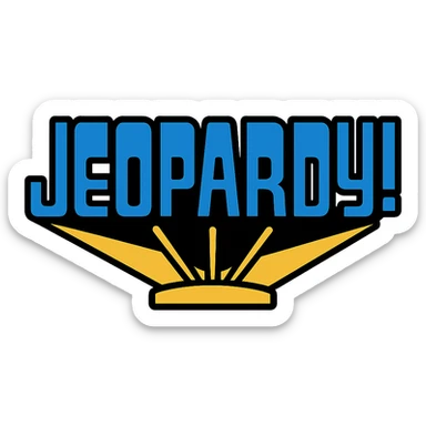 Jeopardy game show logo, bold blue and gold colors, dramatic lighting, clean icon style sticker