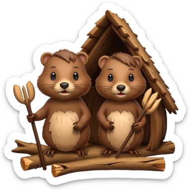 a beaver couple, one a female with a bow on her head in a beaver home made of sticks and logs sticker