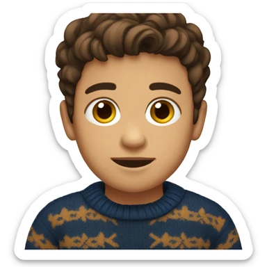 young boy, young hispanic, brown hair, short hair, brown eyes, dark blue winter sweater sticker