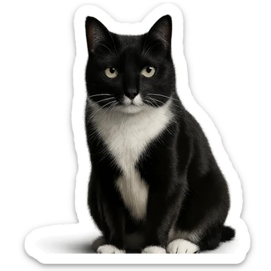realistic tuxedo cat with green eyes, alert expression, photorealistic sticker