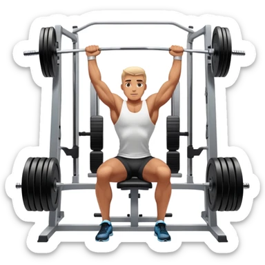 A focused athlete working out on a strength training machine in a modern gym. Muscles engaged, expression determined, demonstrating power and endurance. The gym is filled with equipment like dumbbells, barbells, and mirrors reflecting effort, creating a high-energy atmosphere. sticker