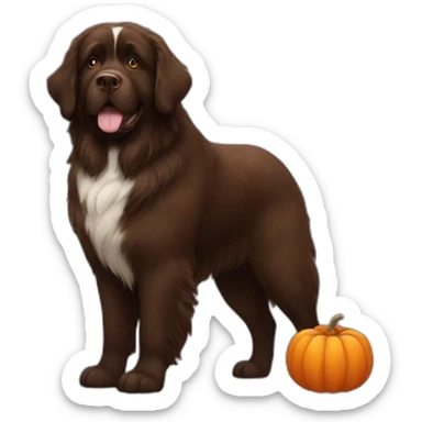 brown newfoundland dog with a pumpkin sticker