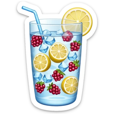 tumbler of water filled with berries, lemon slices, and ice cubes, emoji style sticker