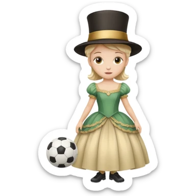 a child in a theatrical hat with a soccer ball in his hands and in a ball gown sticker
