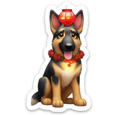 Brindled German shepherd fox carrying glowing red lantern, fairy lights, rose flower crown sticker