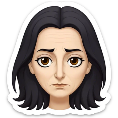 Mirri Maz Duur is a weathered, age 50 woman with deep-set dark eyes, high cheekbones, and a sharp nose, giving her a stern, knowing expression. Her long, unkempt dark hair  falls loosely over her shoulders sticker