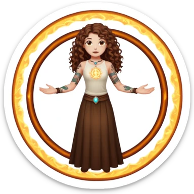 full body view of a woman with long curly brown hair, brown eyes, white skin, tattoos, fake innocent pose while standing inside a glowing spell circle sticker