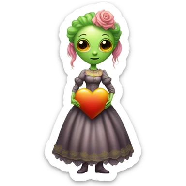 a green alien woman in Victorian orange and jellow dress, pink hair,holdig, red big hearth, full body sticker