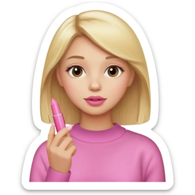 A blonde haired girl with a pink sweater and holding a lip gloss sticker