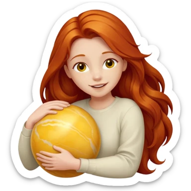 Happy long haired redhead hugging big yellow marble sticker