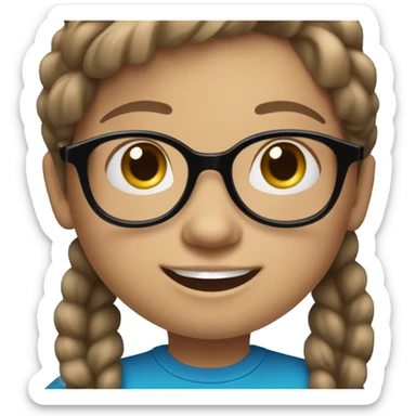 Little Girl, white skin, bronze hair smile tutor black frame glasses, bright blue t shirt sticker