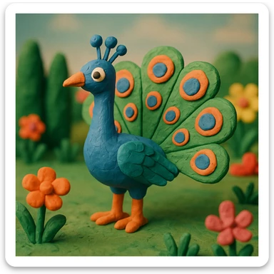 peacock standing in a garden, playful and vibrant, textured look, claymation style sticker