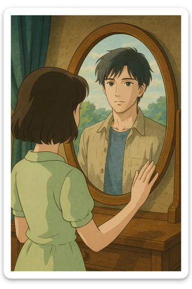 A woman gazing into a mirror, her reflection replaced by a man standing on the other side, in a different artistic style, detailed, soft colors, anime inspired sticker