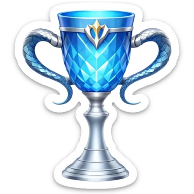 movie-accurate Triwizard Cup trophy from Harry Potter, identical to film prop, wide silver goblet with angular geometric facets, two large curved silver snake handles on opposite sides, bright ethereal blue glow sticker