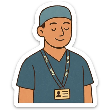 A modern day male surgeon wearing an NHS lanyard and a blue surgeon gown sticker