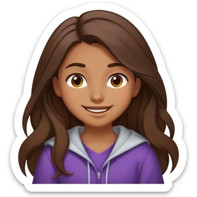 A girl with brown long hair, brown eyes and medium swarthy skin, raises one eyebrow and laughs in wide clothes  sticker