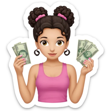 Uma menina com o cabelo cacheado com um Coque morena, e com uma regata rosa com unha em gel, é com Baby hair ,e com dinheiro na mão , sticker
