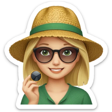 blonde girl in dark green straw hat adjusting sunglasses sticker