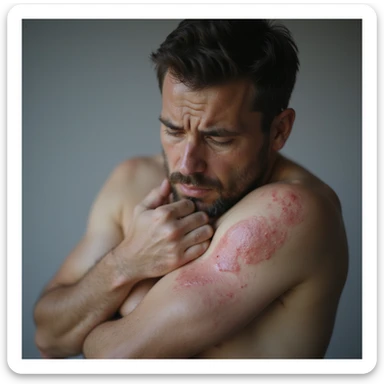realistic man with inflamed rash on upper arm, looking at it with concern, soft lighting, neutral background, medical realism, dermatology focus, 4K sticker