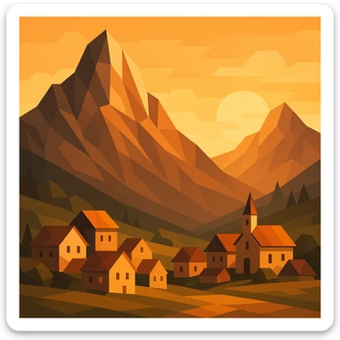 a mountain village at sunrise, polygonal style sticker