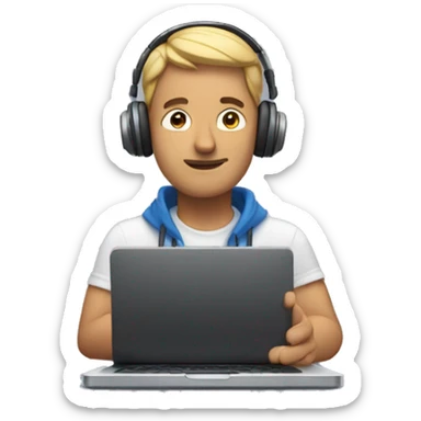 man in headphones talking hold laptop and phone only upper part of body  sticker