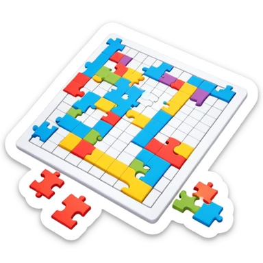 A colorful puzzle piece, a crossword magazine, a 3D puzzle, and a partially completed puzzle picture on a table. Bright colors, minimalist design, modern style. Transparent background, suitable for puzzles and brain games. sticker