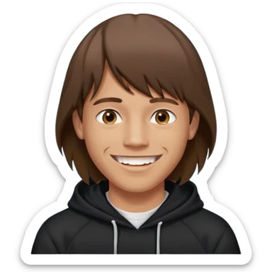 20 yr old man, brown hair, straight, big smile, white teeth, tanned skin, bangs, black hooded sweatshirt, long hair in back, center-parted bangs sticker