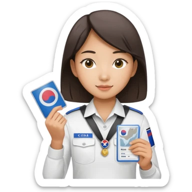A young Asian guide holding her tour license in both hands, wearing a white shirt with the South Korea badge on her chest. sticker