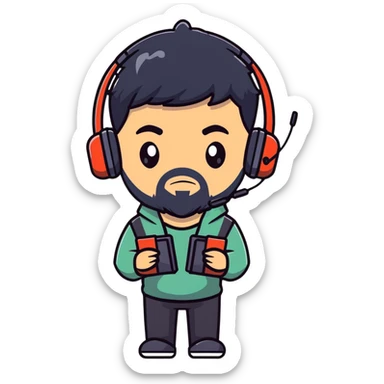 Anime-style character with black hair, brown eyes, black beard, and gaming headset, Japanese animation style sticker