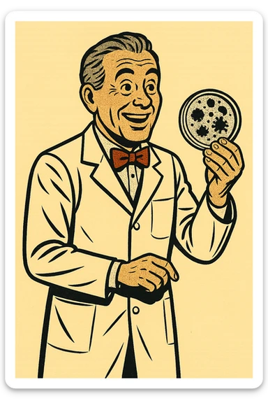 The full body of a happy 1940s male scientist with grey hair wearing a white lab coat over his suit with a red bow tie. He is holding a mouldy petri dish sticker