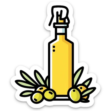 Olive oil bottle with olives beside it sticker