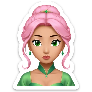 Cinematic Elegant Mulan Portrait Emoji, Dressed in her delicate green matchmaker gown, soft pink makeup, hair pinned perfectly, looking wistful yet radiant, eyes reflecting the depth of her spirit, capturing both her beauty and inner strength! sticker